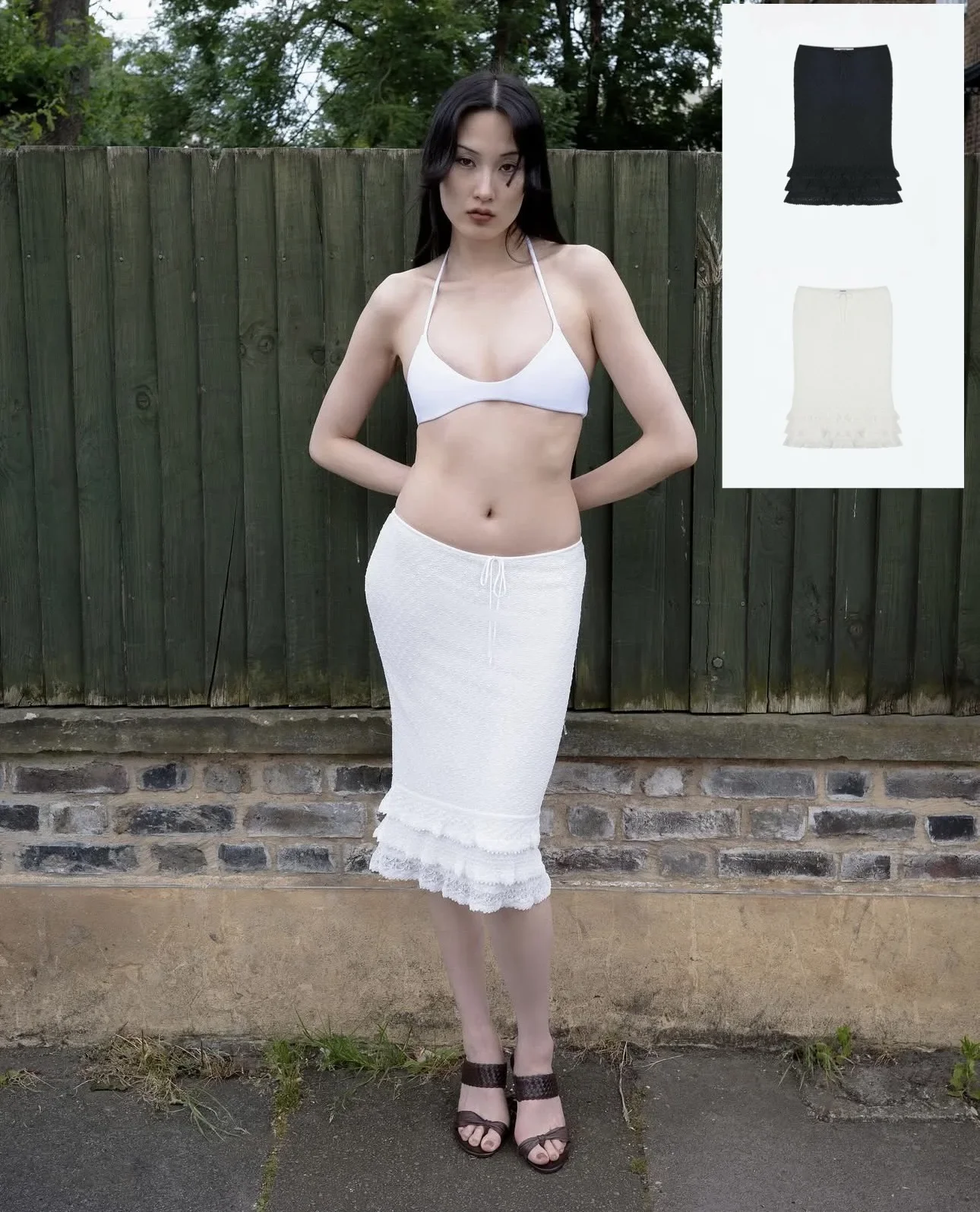 

tank Black and white fish-tail midi dress with low waist figure-hugging and flared skirt elegant hemline