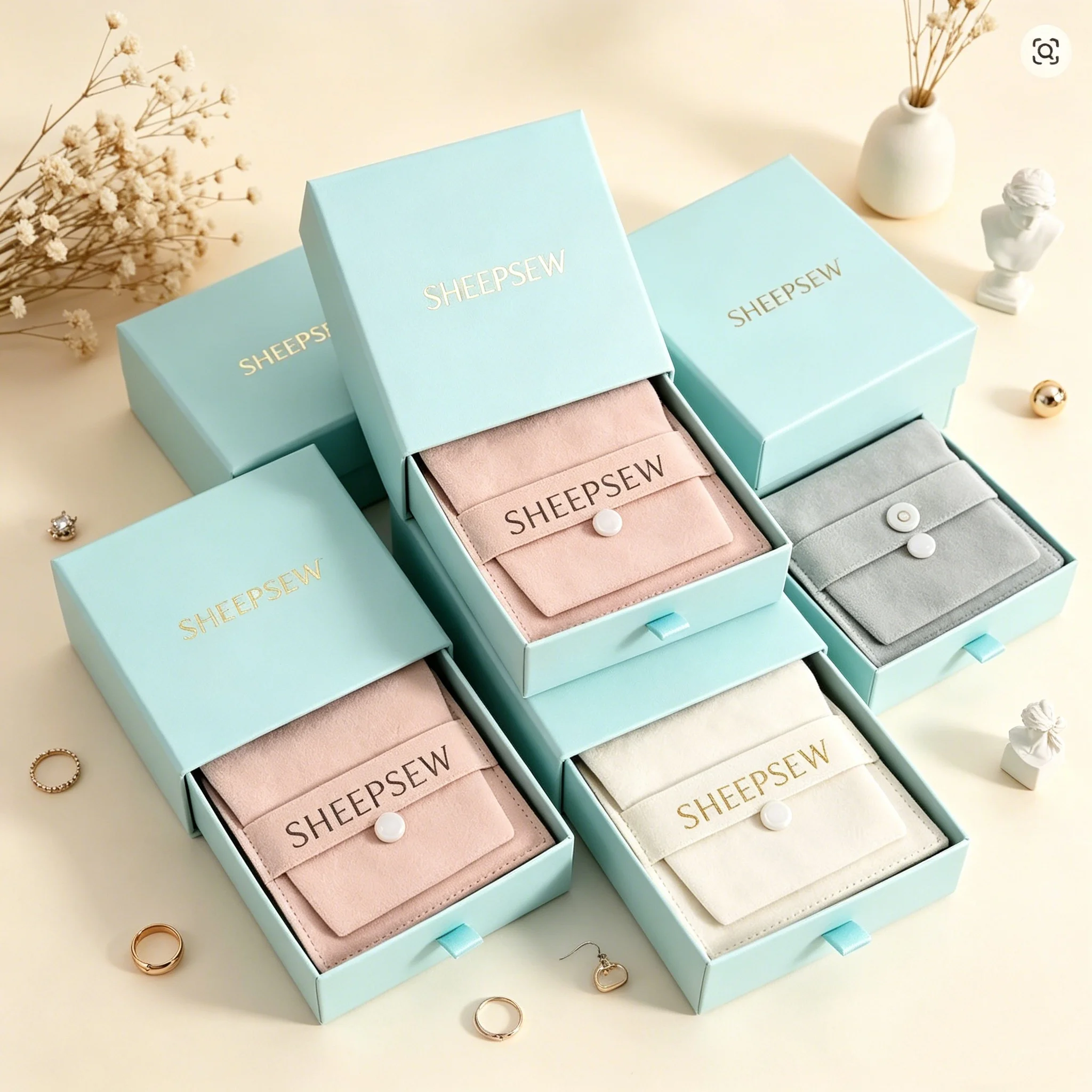 SHEEPSEW Custom Simple Paper Drawer Jewelry Gift Box, Sliding Cardboard Packaging Box with Flap Bag Pouch for Necklace Ring Earr