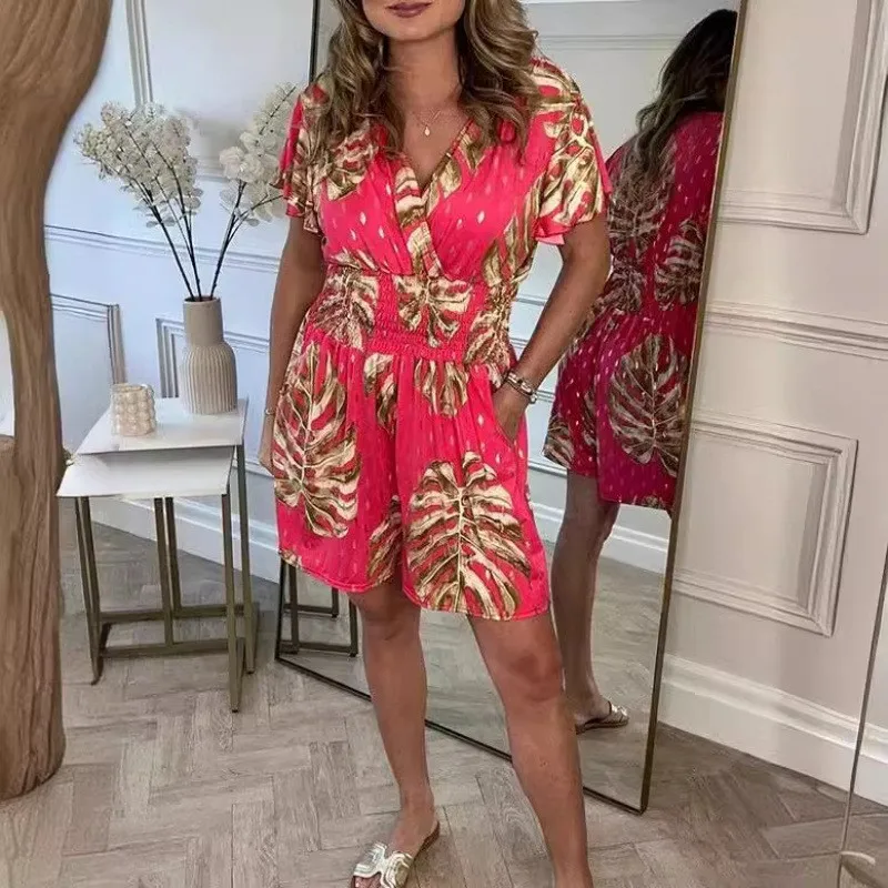 

Women V Neck Short Sleeve Jumpsuit New Summer Fashion Print Elastic Waist Shorts Jumpsuits Elegant Casual Beach Holiday Rompers