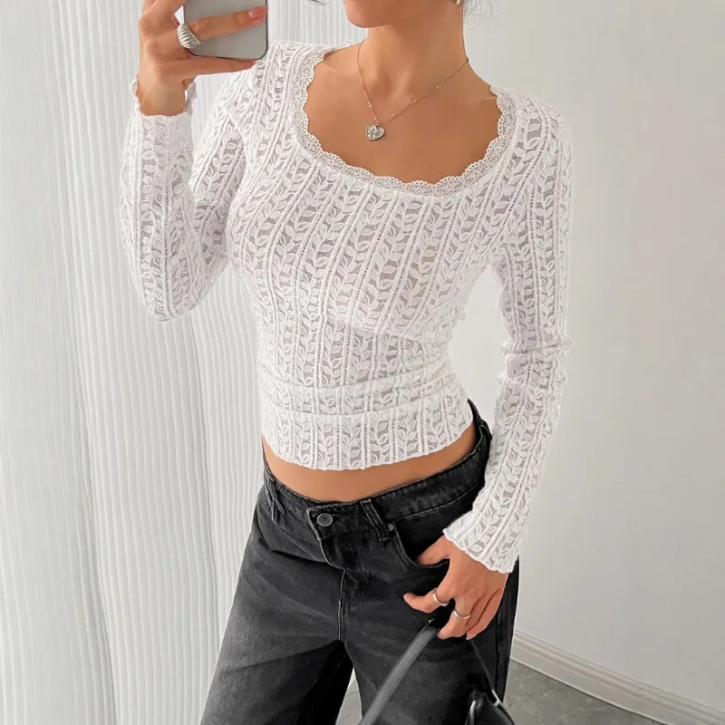 

Lace Hollow Women'S T-Shirt Sexy Square Neck Long Sleeve Spring New Flower Blouser Tops Slim White Elegant Chic Sweet Shirts