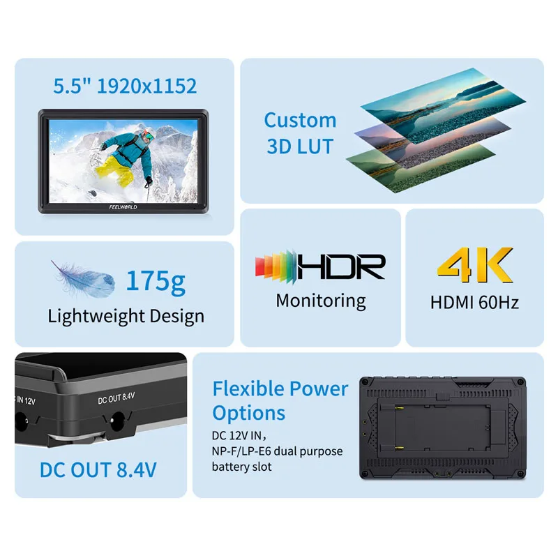FEELWORLD S55E 5.5 Inch DSLR Camera Field Video Monitor FHD IPS Support 4K HDMI Input Output Tilt Arm Power Output view 2