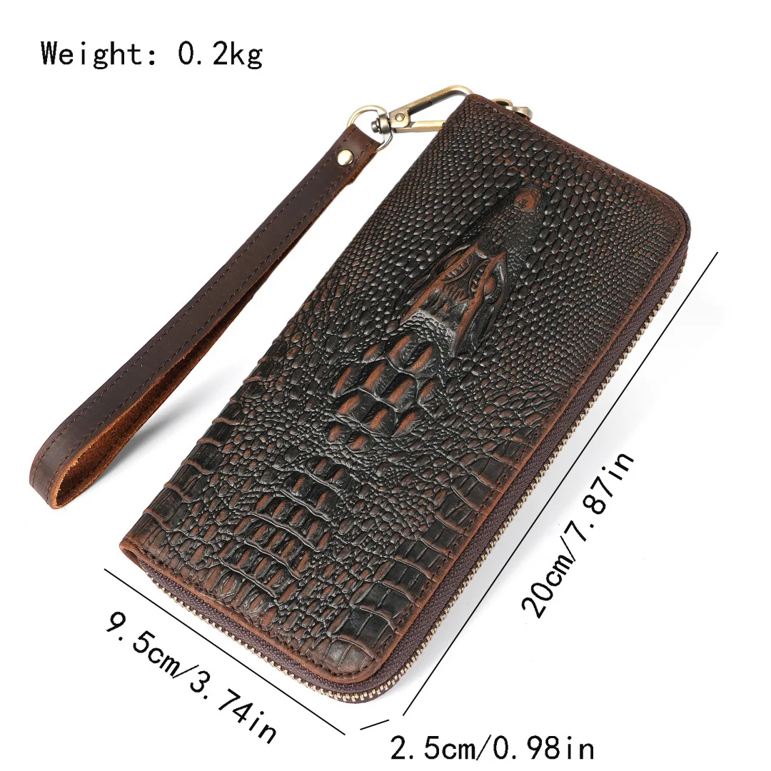 Men's Crazy Horse Leather Wallet, Vintage Embossed Long Wallet with Zipper, Multi-Card Slot Phone Purse, RFID Blocking Billfold