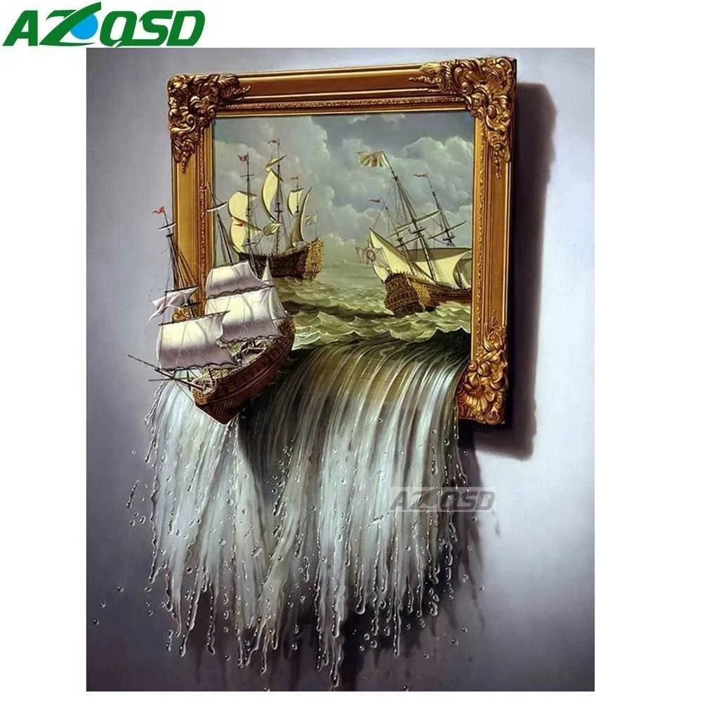 AZQSD DIY 5D Diamond Painting Wall Decoration Sea Sail Boat Waterfall Full Round Diamond Embroidery Mosaic Painting Set Yz1703