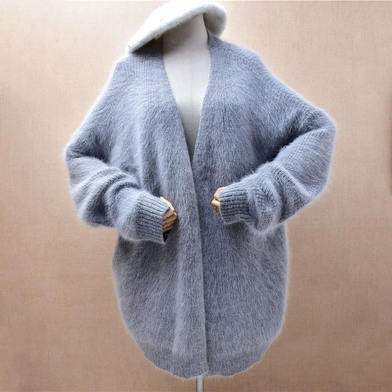

Женский Mujer, осенне-зимний модный серый волосатый ангорский кролик, вязаный свободный кардиган с длинными рукавами, мантия, свитер, куртка