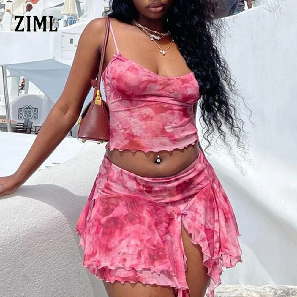 

ZIML Sexy Tie Dye Slimming Two Piece Sets For Women Camisole Sleeveless Top High Waist Mini Skirt Casual Set Female Fashion New