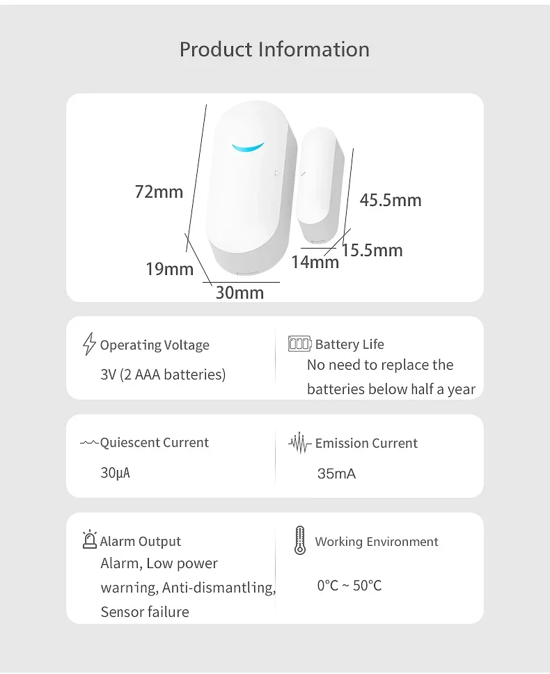 Tuya Inteligentny czujnik drzwi Wi-Fi Detektory otwarcia/zamknięcia drzwi Powiadomienie aplikacji WiFi Alert Obsługa alarmów bezpieczeństwa Alexa Google Home