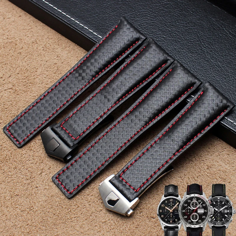 Watch Band For Tag Heuer  Aquaracer 300 CARRERA F1 Carbon grain Genuine Leather watch strap black red suture 20mm 22mm wristband