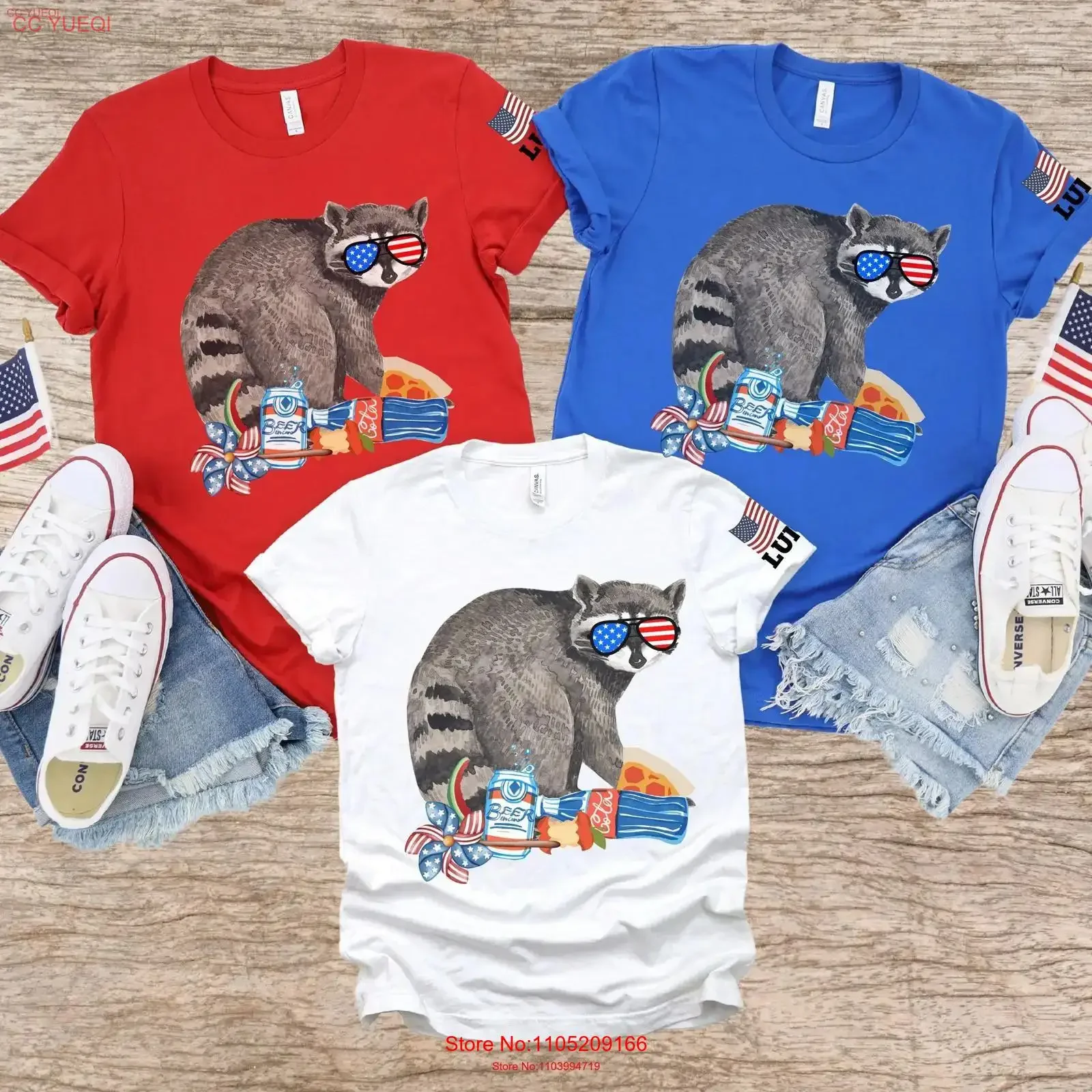 

Racoon T Shirt Trash Core 4th of July Fourth Family Matching Name on Sleeve vintage Washed homme Comfortable Stretched fashion