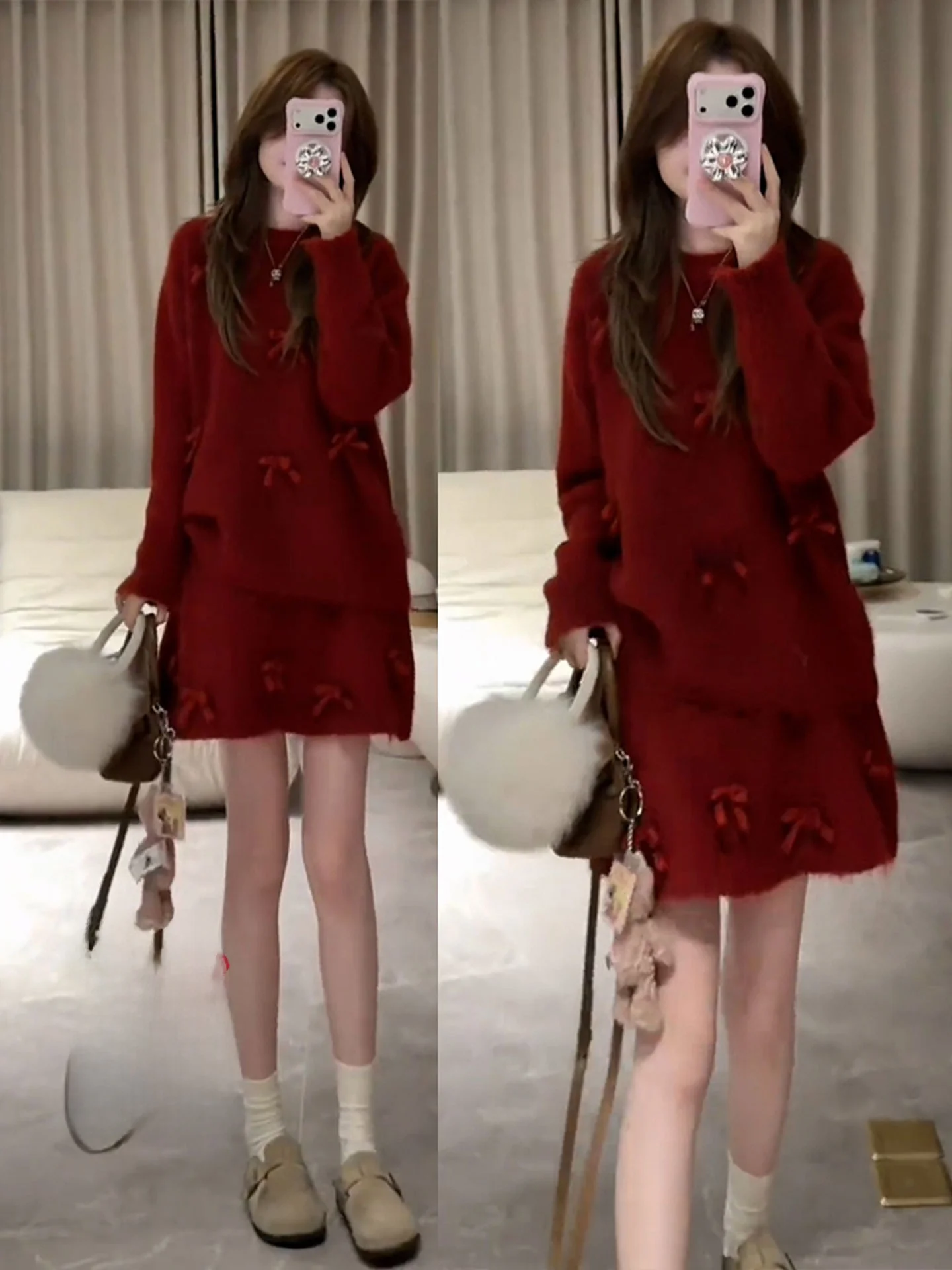 

Cisas Theme Knitted Red Dr And ort Skirt Set Women's Faionable Autumn Winter Outfit High Waist Knot Design