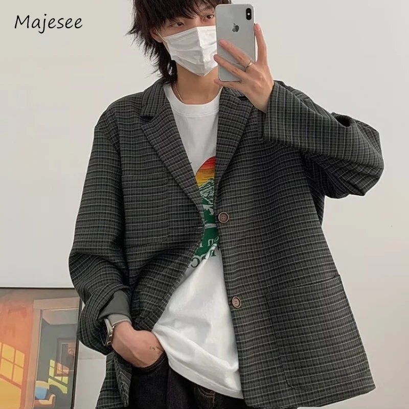 Plaid Blazers Men Baggy Casual Commuter Outerwears Mature Japanese Style Harajuku Soft Fashion Versatile Autumn Handsome Daily