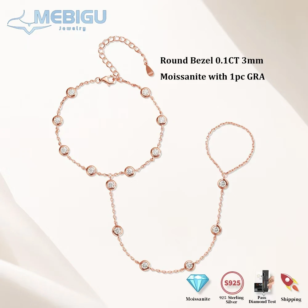 

Mebigu 3mm Round Bezel Moissanite Link Bracelets for Women 14-21cm Adjustable Chain GRA Certified 925 Silver Bubble Bracelet