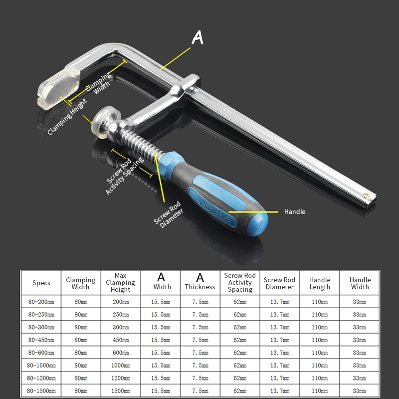 Pinces F pour le travail du calcul, acier à haute teneur en carbone, matériau métallique rapide, pince à bois, fixation de type F, 50mm, 80mm x 100mm, 200mm, 250mm, 300mm, 450mm