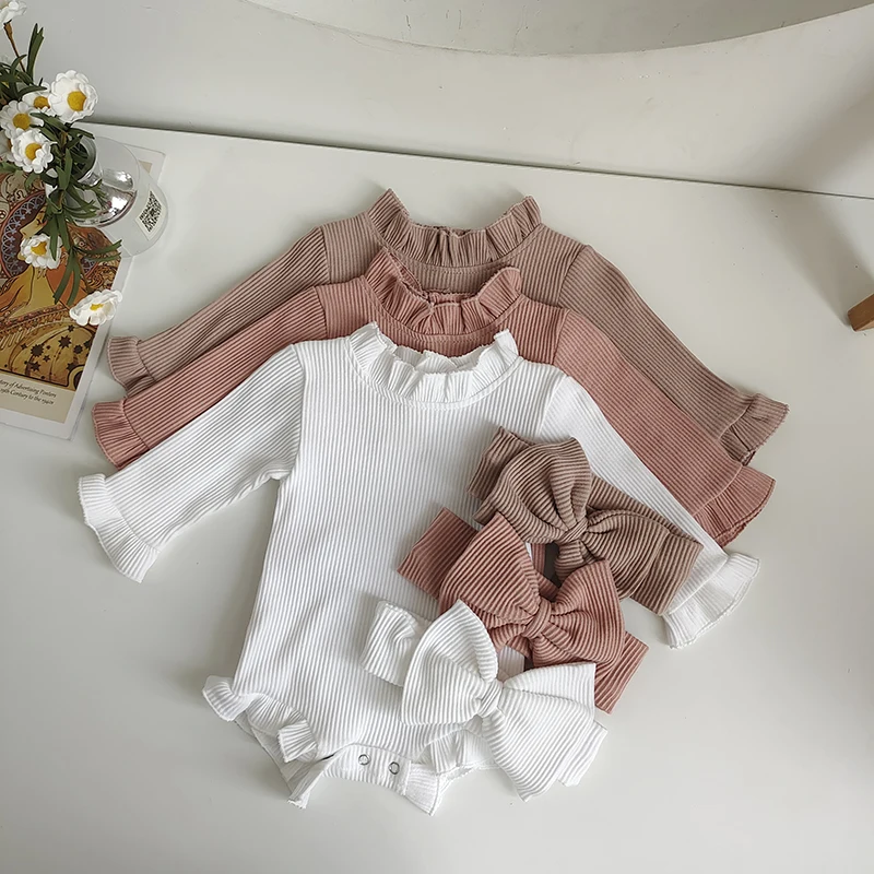 Fashion Toddler Baby Girls Romper Outfits Set Cotton Ribbed Flared Sleeve Jumpsuit + Bow Headband Sweet New Born Infant Clothing