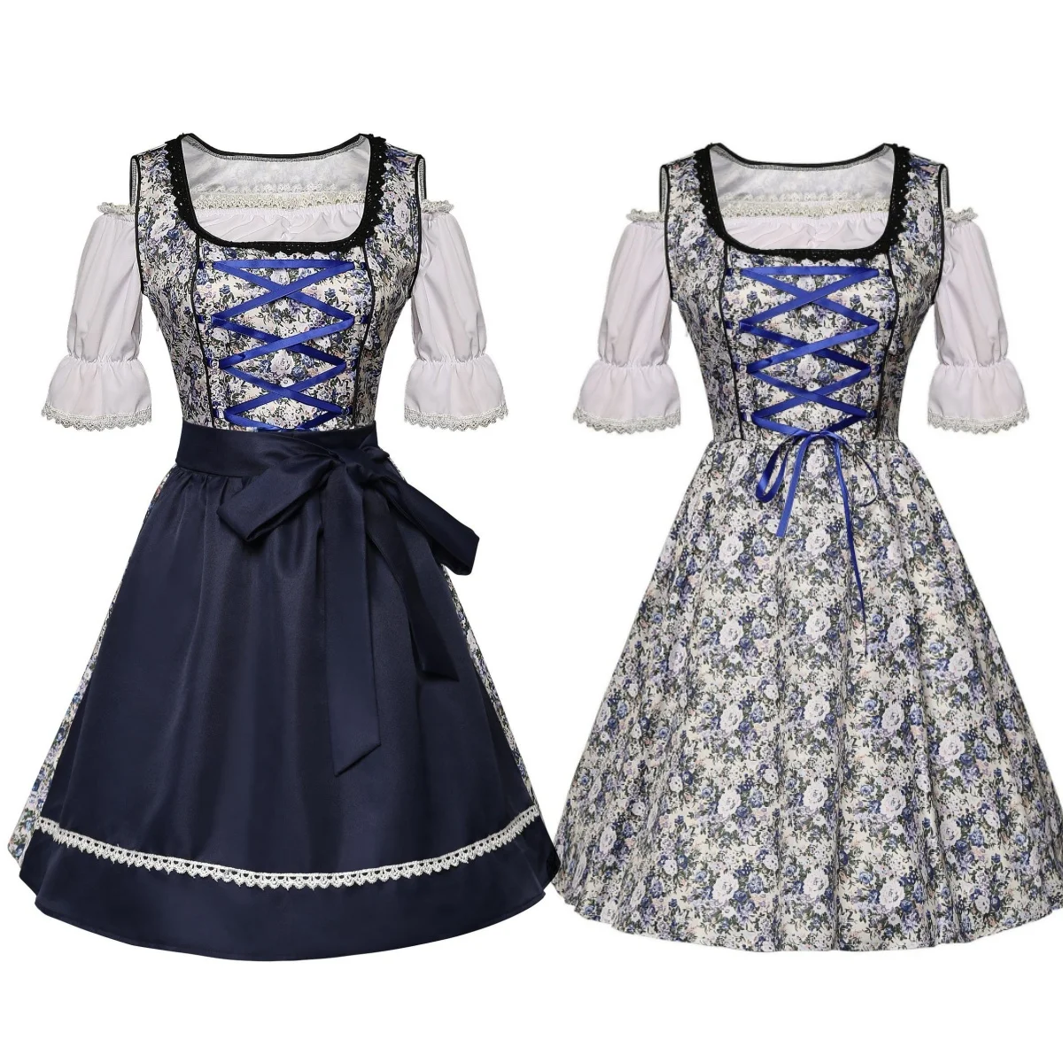 Oktoberfest German Cosplay Costume Bavarian Beer Wench Waitress Maid Dress Carnival Blue White Floral Flower Party Dress Skirt