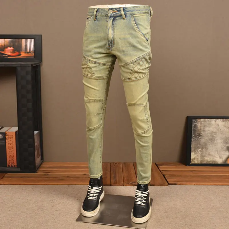 Street Fashion Men Jeans Retro Washed Stretch Skinny Fit Ripped Jeans Men Spliced Designer Hip Hop Denim Biker Pants Hombre