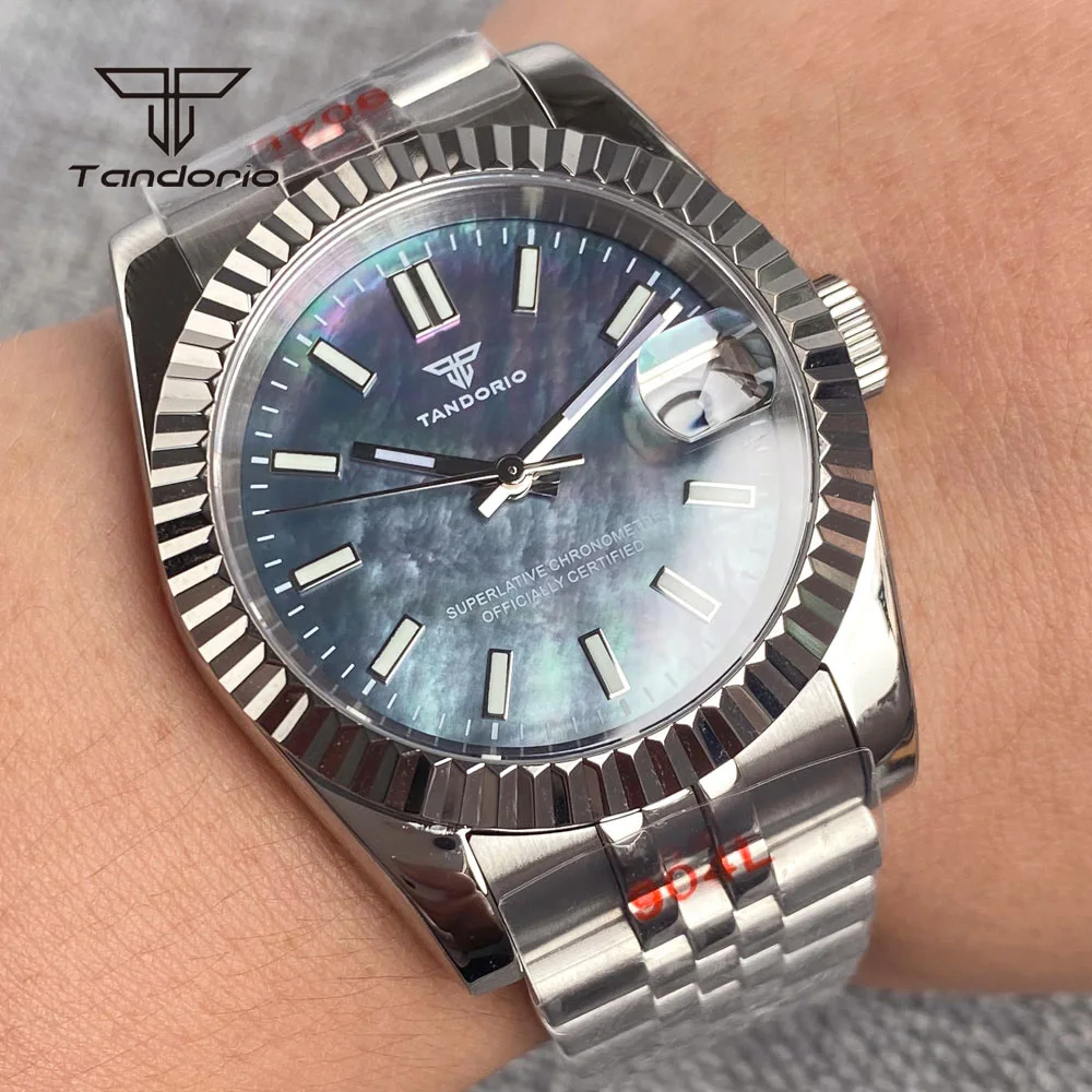 Tandorio NH35 Mother of Pearl Dial Date 36mm/39mm Steel Automatic Wristwatch Sapphire Men\'s Mechanical Watch Luminous Shell Face