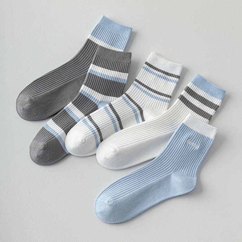 5/10 Pairs Spring and Summer New Women's Socks Cotton Thin Middle-tube Socks Double Needle Striped Girls Casual Socks