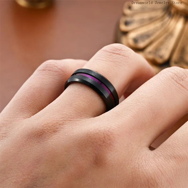 Stainless Steel Ring Two Tone Fashion Plated New Color Purple Black Beveled Men\'s Titanium Steel Groove  Black Engagement Rings