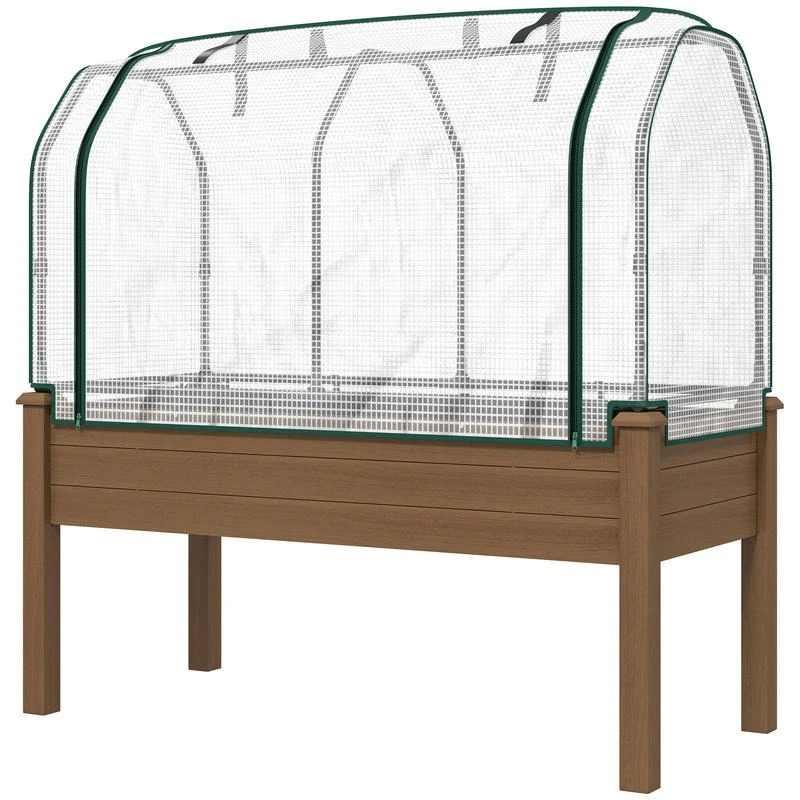 Raised Garden Bed with PE Greenhouse Cover Outdoor Planter Box for Herbs and Vegetables, 48 x 22 x 46 inch-Brown