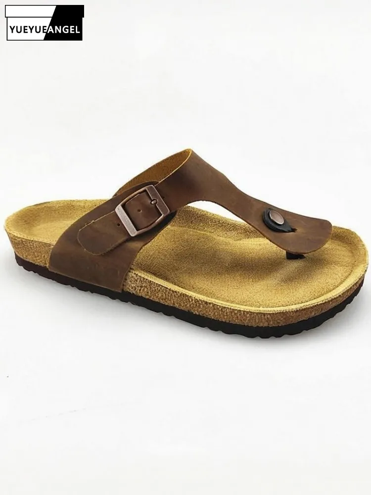 Leisure Style Men Handmade Buckle Strap Genuine Leather Clip Toe Flip Flops Solid Color Cowhide Breathable Beach Slippers
