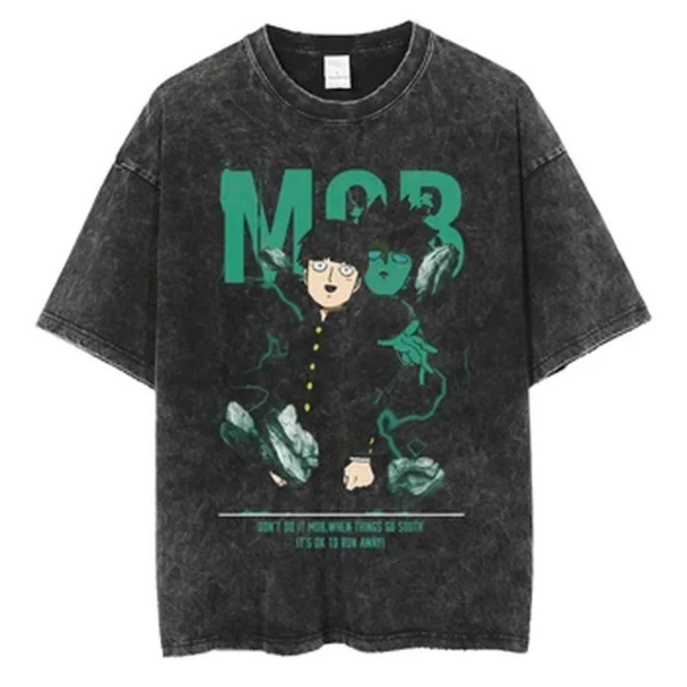 Mob Psycho 100 Graphic T Shirt Ryuk Manga Print T-shirt Vintage Washed Streetwear Men Women Clothes Pure Cotton Casual Tee Shirt