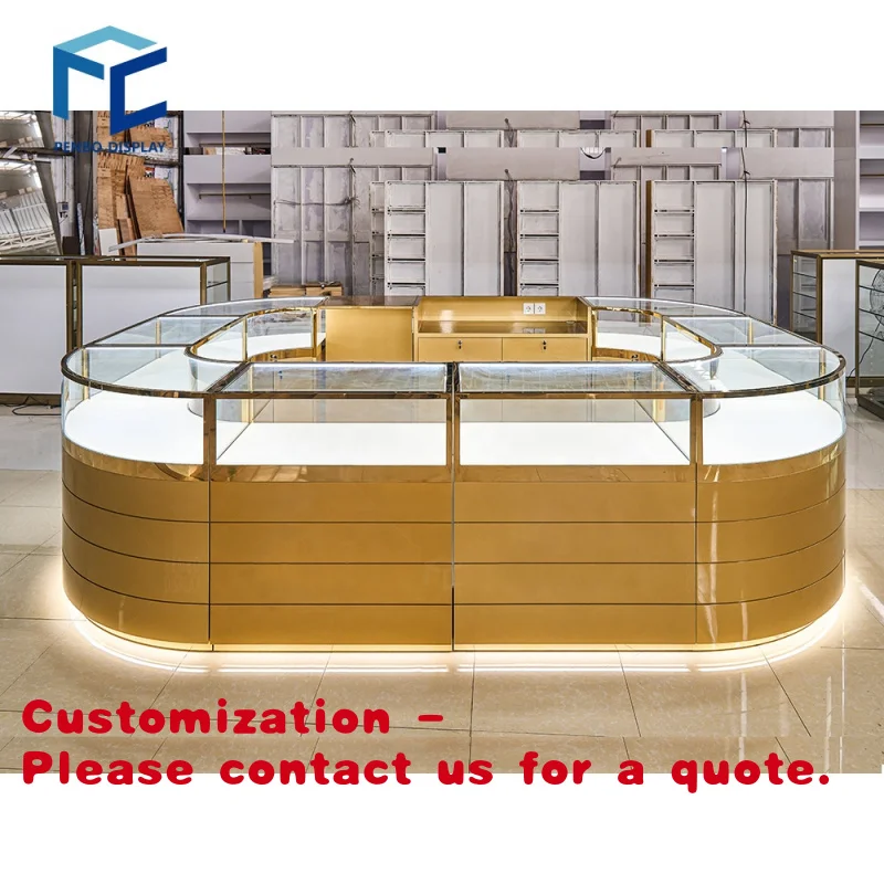 

Customize.Shopping Mall Luxury Golden Jewelry Perfume Kiosk Booth Commercial Tempered Glass Perfume Display Cabinet With Led Lig