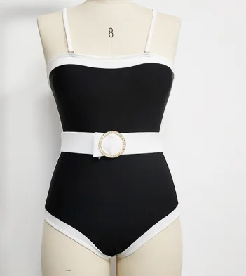 Women'S Beach Suit Waist Belt Decoration Color Blocking High-End Swimsuit Bra Style Cover ups Shoulder Strap Detachable