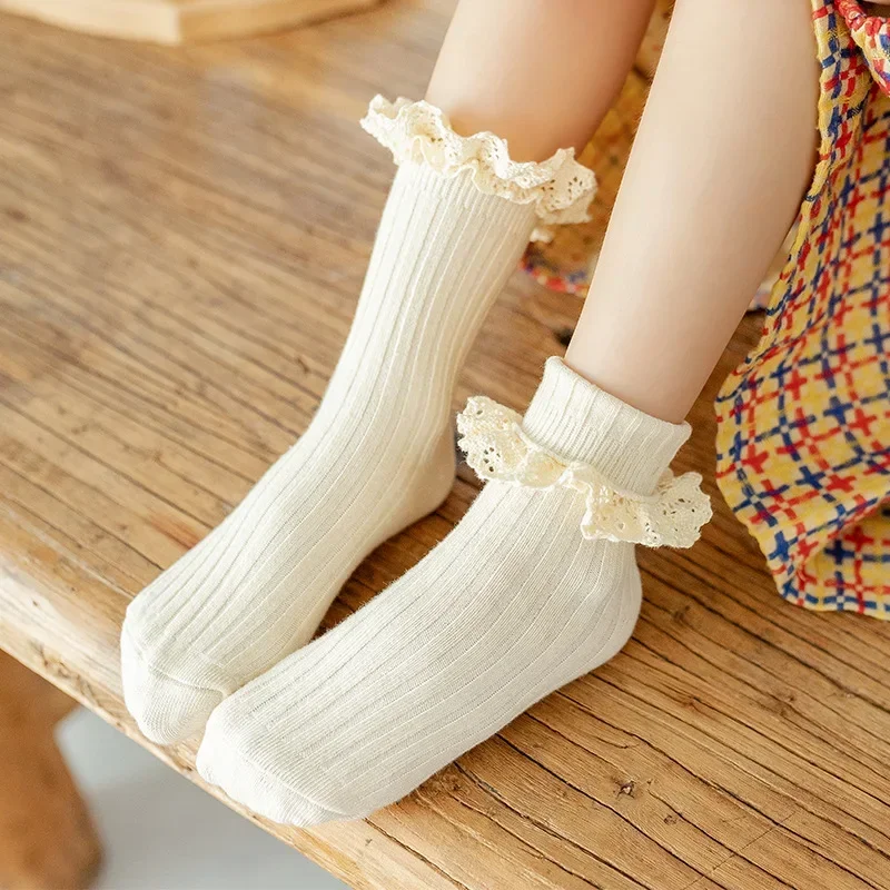 Korean Baby Children Girls Cute Striped Socks Kids School Uniform Stockings Princess Floral Ruffled Long Socks Mid-calf Socks