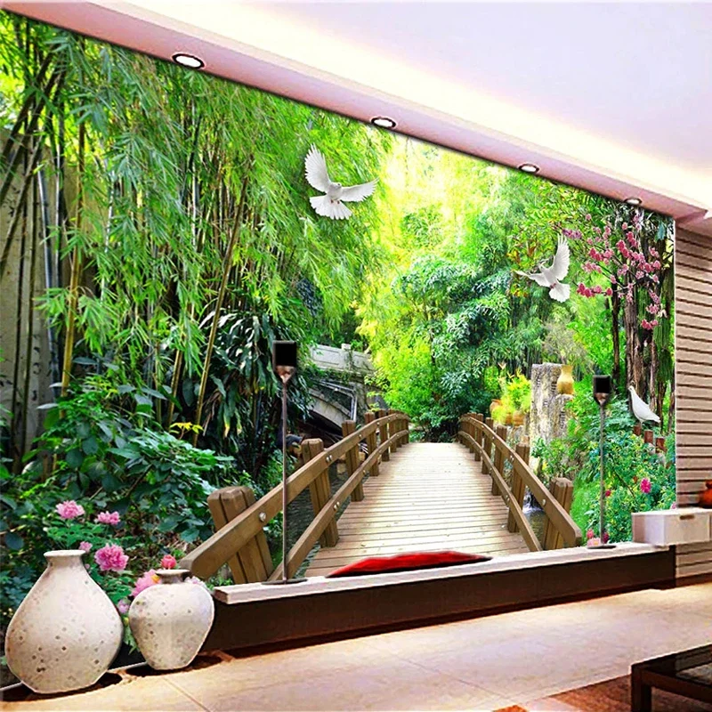 

Custom Mural Garden Park Wood Bridge Landscape 3D Photo Wall Painting Living Room TV Background Self-adhesive Papel De Parede 3D