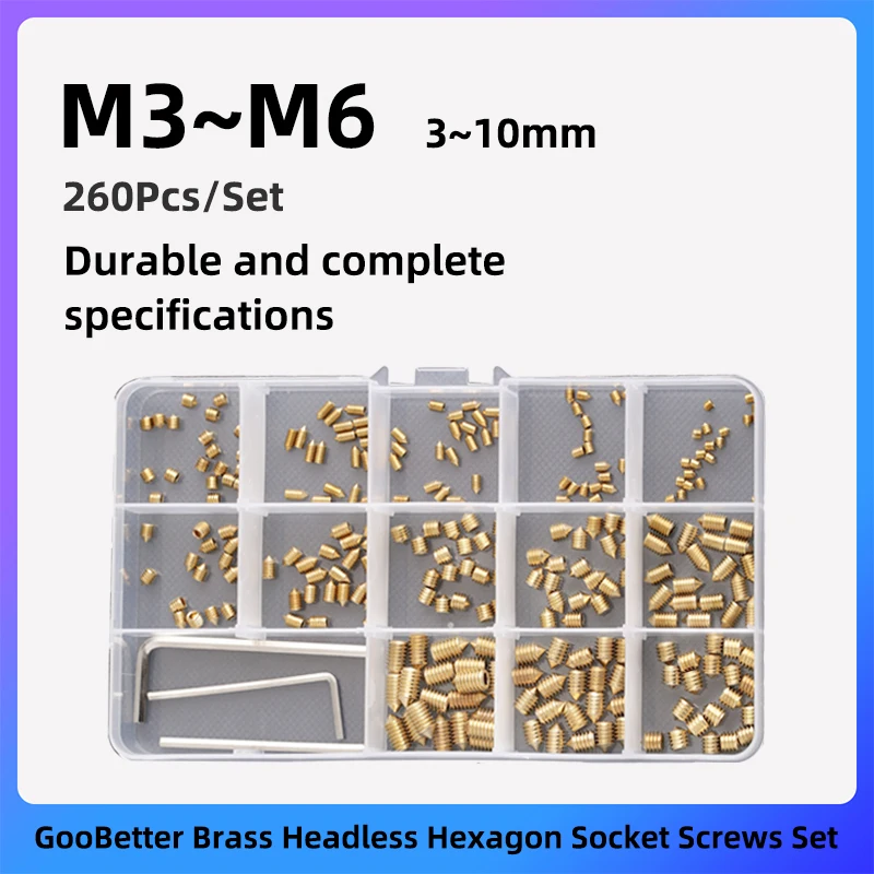 GooBetter 260Pcs Brass Headless Hexagon Socket Screws Set M3 M4 M5 M6 3~10mm Cup/Pointed Set Screws Set Free Hexagon Wrench