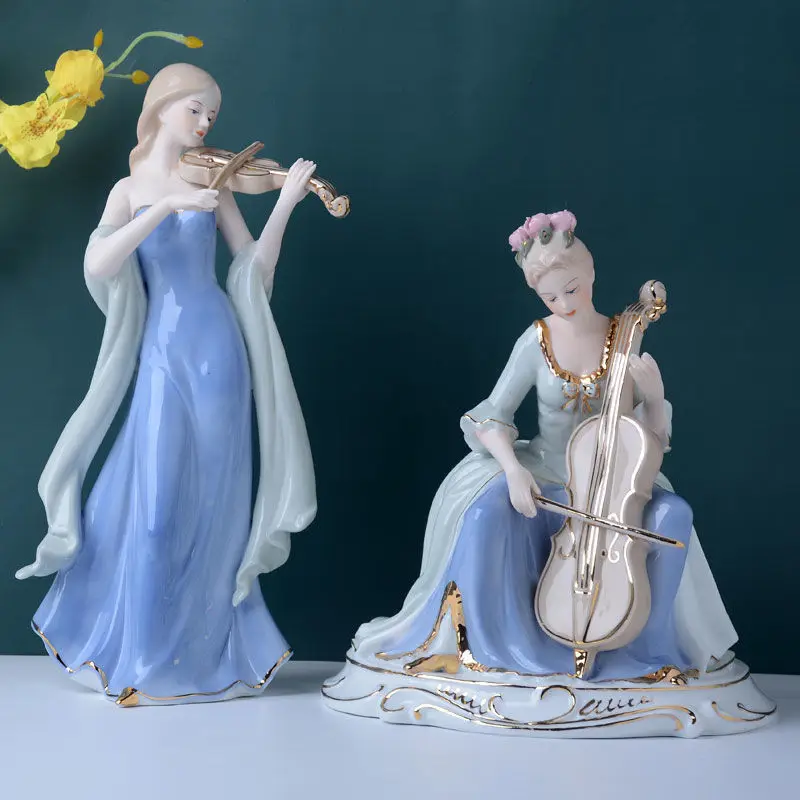 Chinese Violin Girls Ceramic Figure Art Ornaments Home Living Room Furnishing Accessories Office Desk Figurines Decoration Items