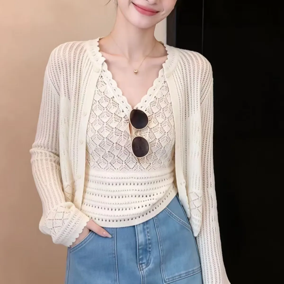Fashionable Two-Piece Knitted Cardigan Tank Top Set Hollow Out Sun Protection Casual Wear Comfortable V-Neck Long Sleeve Clothes