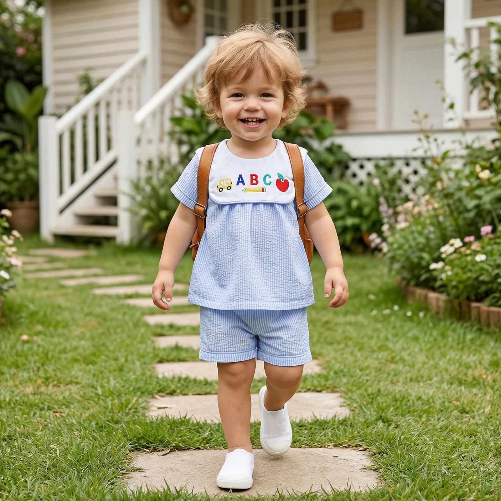 1-6Y Girls Boys Back to School Outfits Short Sleeve Pencil Apple Embroidery T-Shirt Shorts Children's Clothes Set