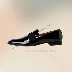 Black Patent Leather Riband Decor Loafers Fashion Slip On Men Shoes Luxury Handmade Party Feast Banquet Office Men Dress Shoes