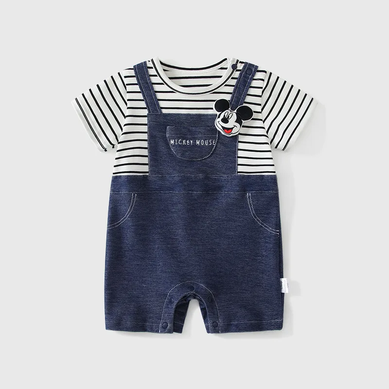 

MINISO Mickey Summer Newborn Baby Boy Clothing Striped Suspender Kids Romper Cotton Short Sleeve Bodysuit Cute 0-1 years Toddler