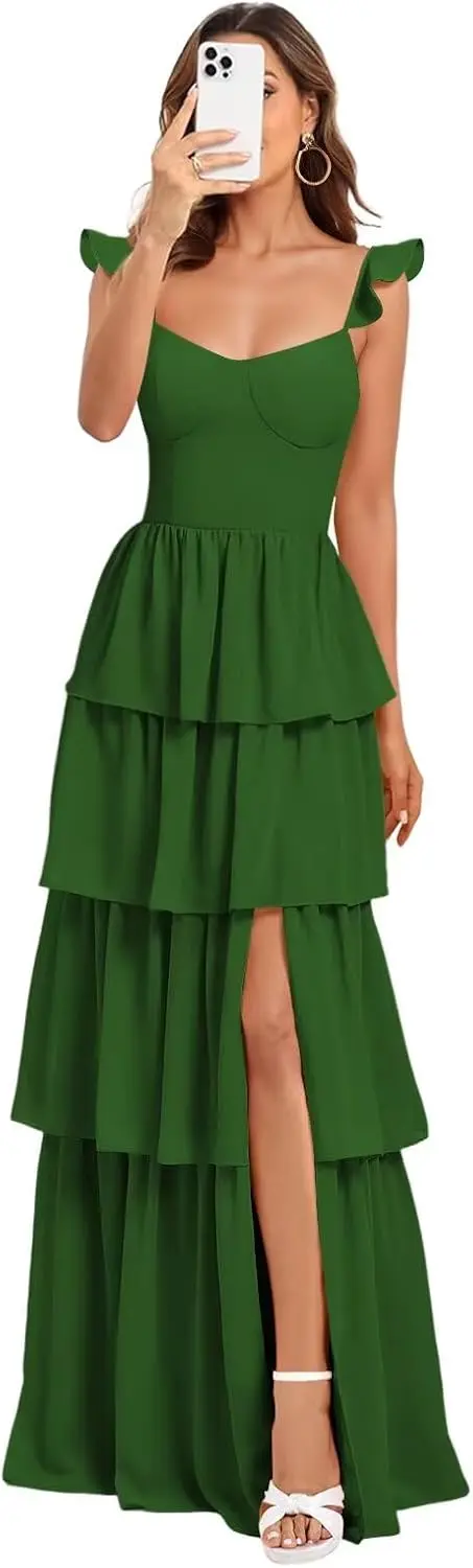 فستان وصيفة العروس طويل بطبقات على شكل حرف a للنساء من الشيفون فستان سهرة رسمي مع شق أنيق للنساء فستان بحمالات مكشكش