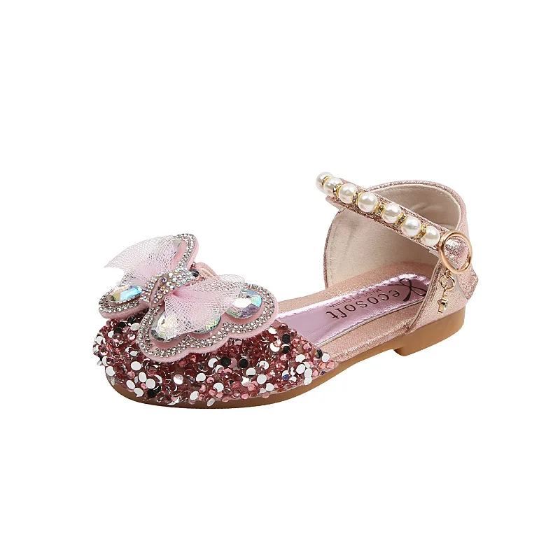 Little Girls Sequin Lace Bowknot Sandals Summer Children's Bling Pearl Rhinestone Single Shoes Kids Soft Bottom Beach Sandals