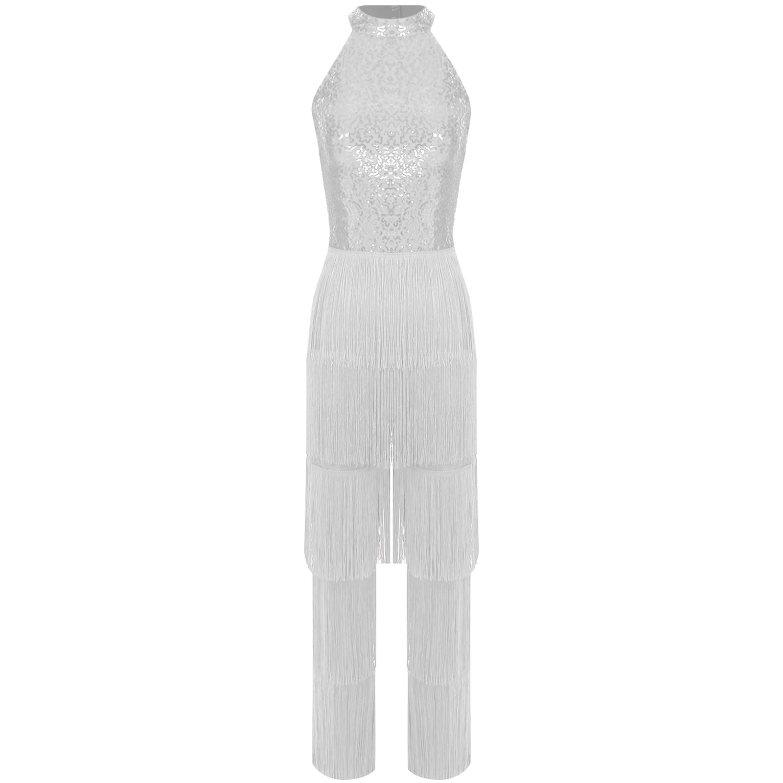Womens pailletten jumpsuit gelaagde kwastje rompertjes halter mouwloos backless turnpakje clubwear bodysuit voor cha-cha latin jazz dans