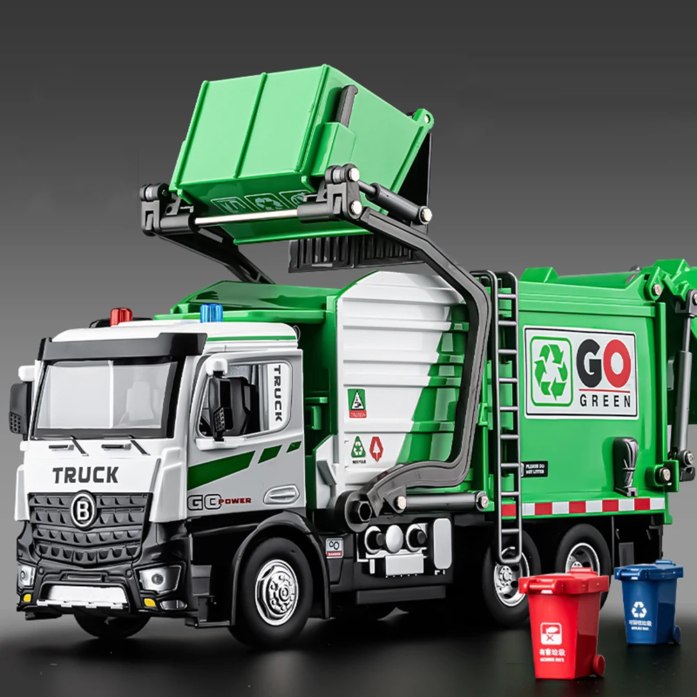 1:18 Electric Sanitation Garbage Truck Toy Cars Model Alloy Water Tanker Diecast Light Sound Vehicle Children's Educational Toys