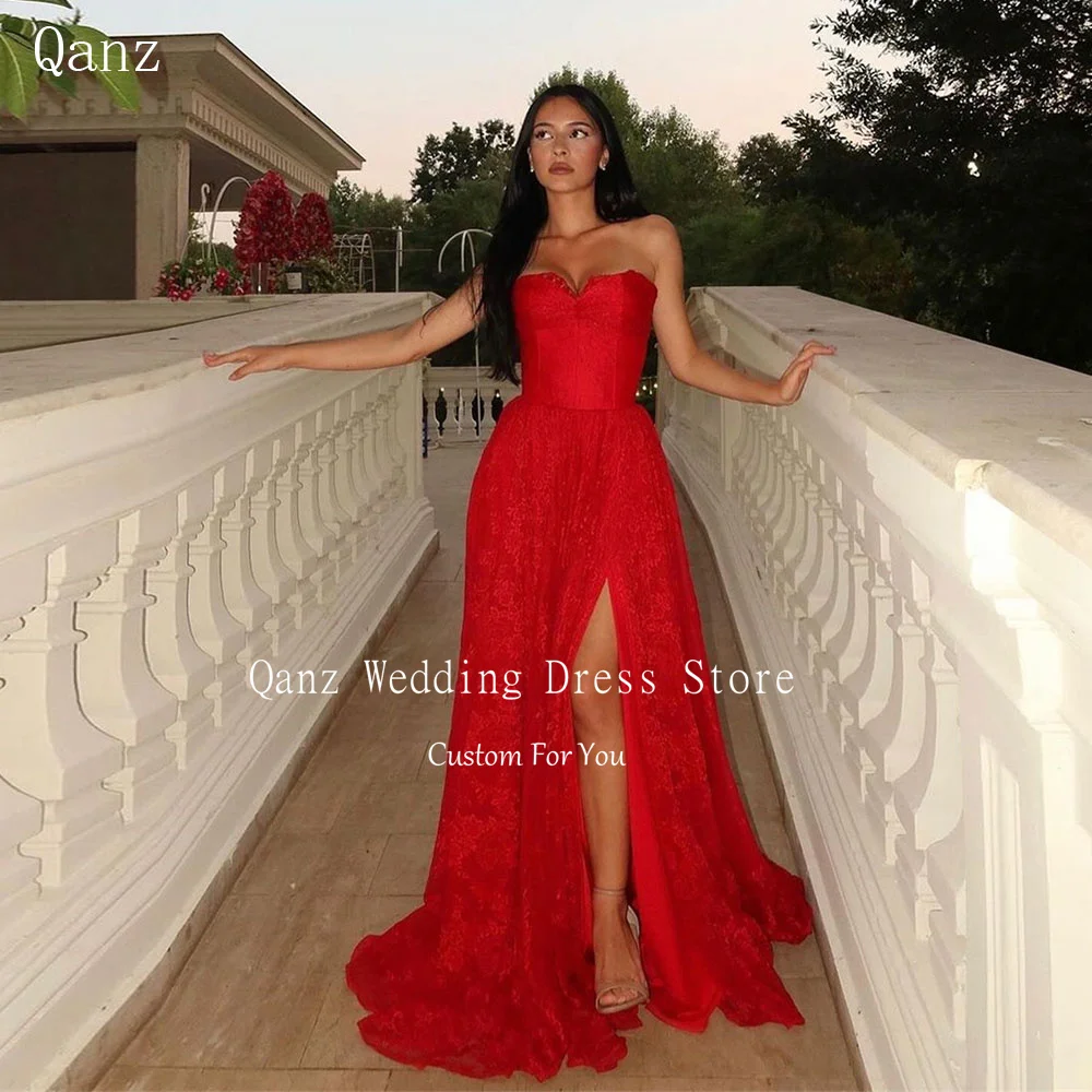 

Qanz Modest Red Lace Appliques Prom Dresses Sweetheart Long A Line Tulle Vestidos De Noche Elegantes 2024 High Slit Party Gowns