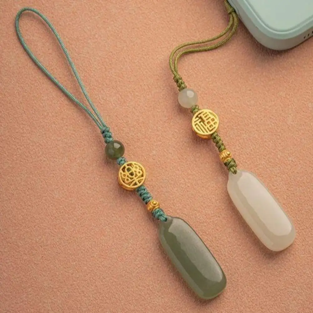 Llavero Creativo de Jade Hetian Natural, Colgante Personalizado con Llave de la Paz, Colgantes de Tranquilidad Verde, Cadena para Teléfono Móvil, Para Parejas