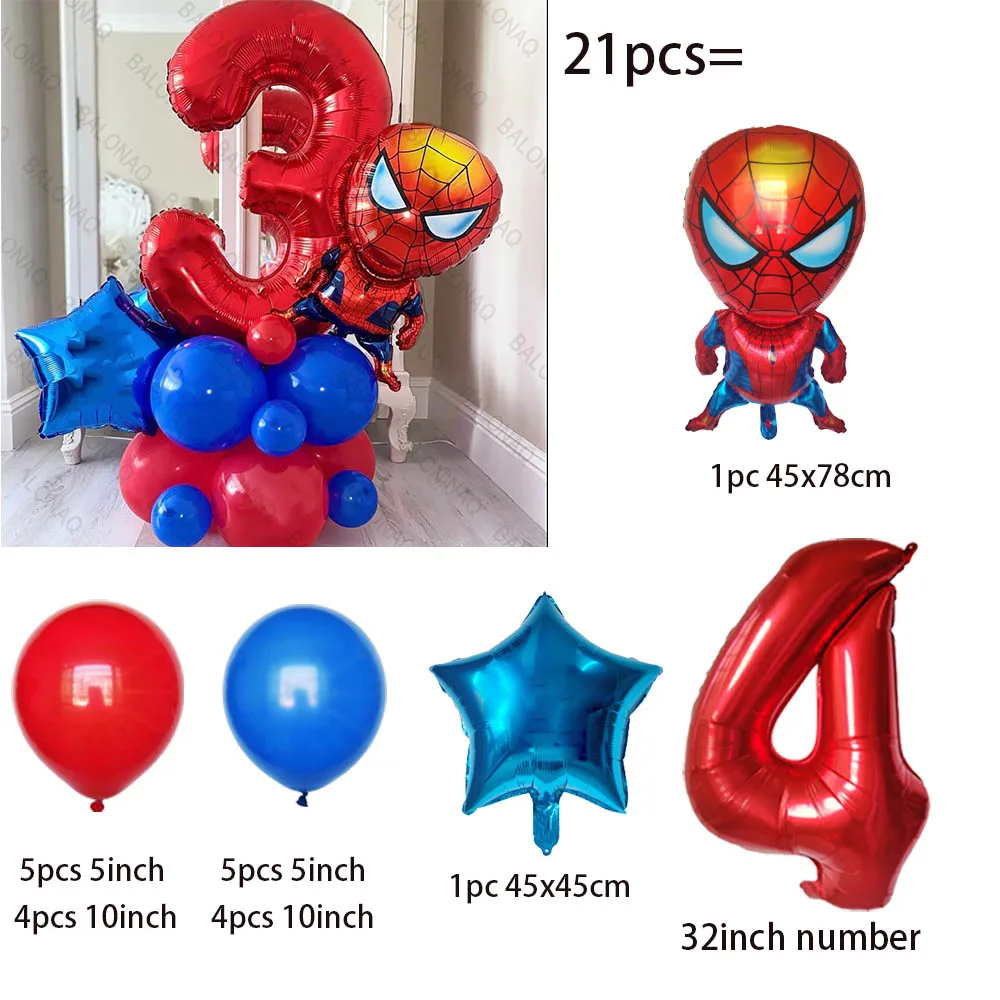 Spiderman Foil Balloon Set para crianças, Super Hero Toy, inflável, decoração de aniversário, chuveiro de bebê, meninos, 21pcs