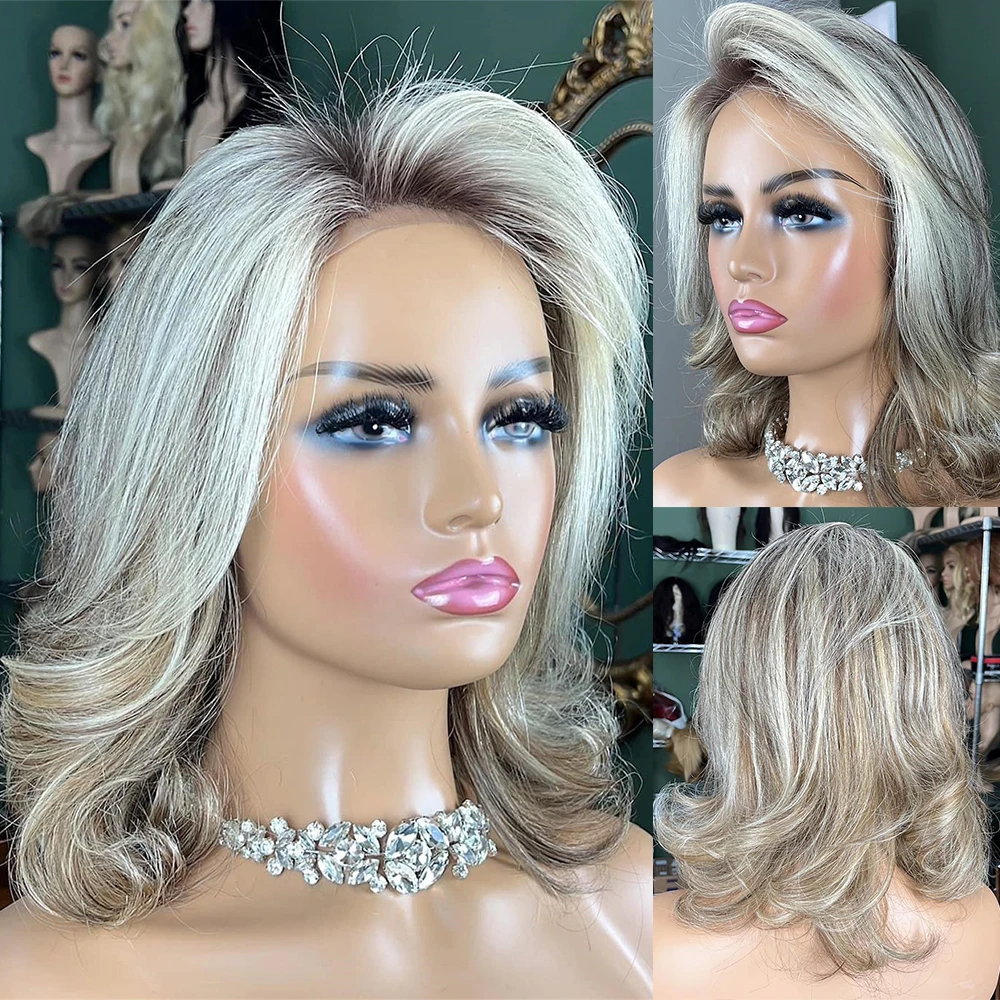 Preplucked Synthetic Hair Short Wave Wig Rooted Balayage Blonde 13x4 HD Lace Frontal Wig Glueless Lace Wig Ready To Go For Women