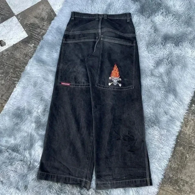 JNCO-Jeans pretos largos para homens e mulheres, Hip Hop, retrô, Harajuku, cintura alta, perna larga, calças retas, rua, novo, Y2k, 2024