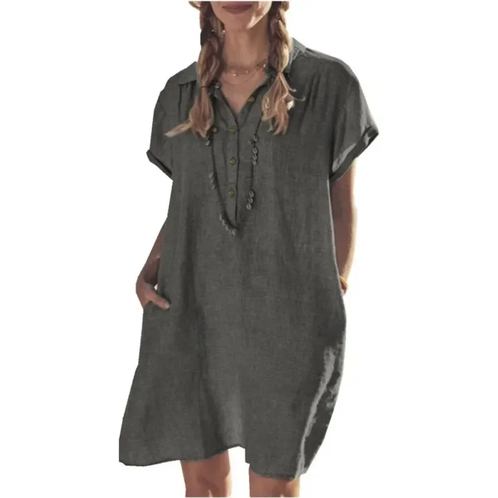Women\'s L-5XL Plus Size Summer Cotton and Linen Short Sleeved Button Dress with Lapel Pockets Solid Color Loose Fitting Dress