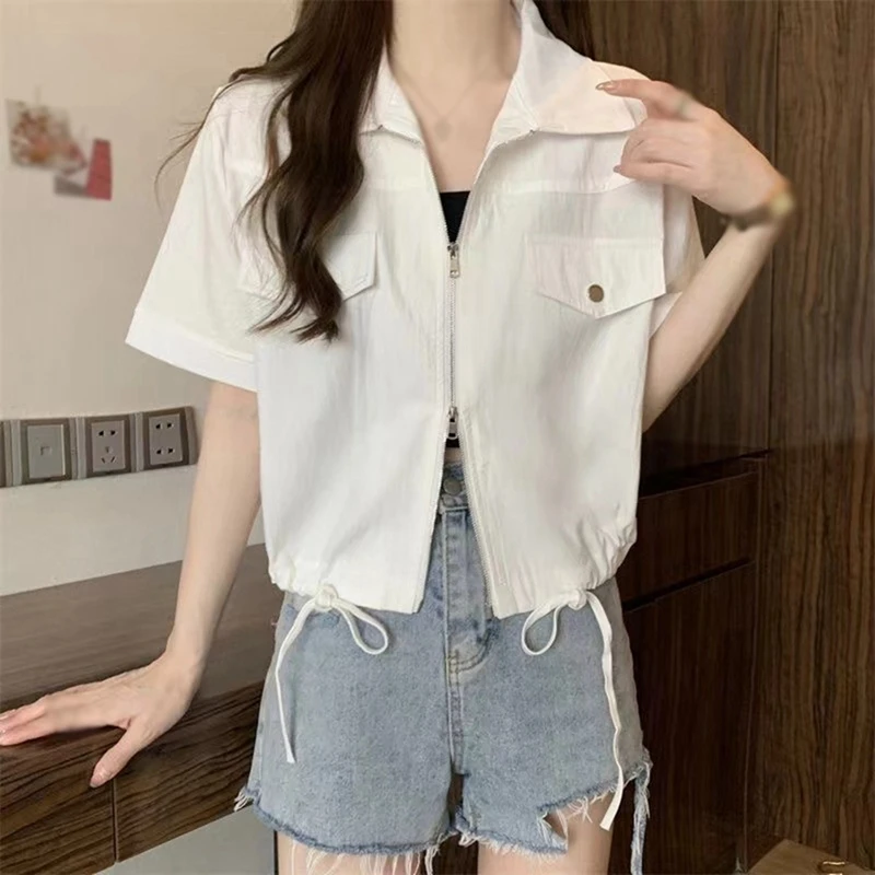 Drawstring Lace-Up Zipper Shirt 2024 Summer Tooling Short Loose Short-Sleeved Top Artistic Office Women\'s Breathable Clothing