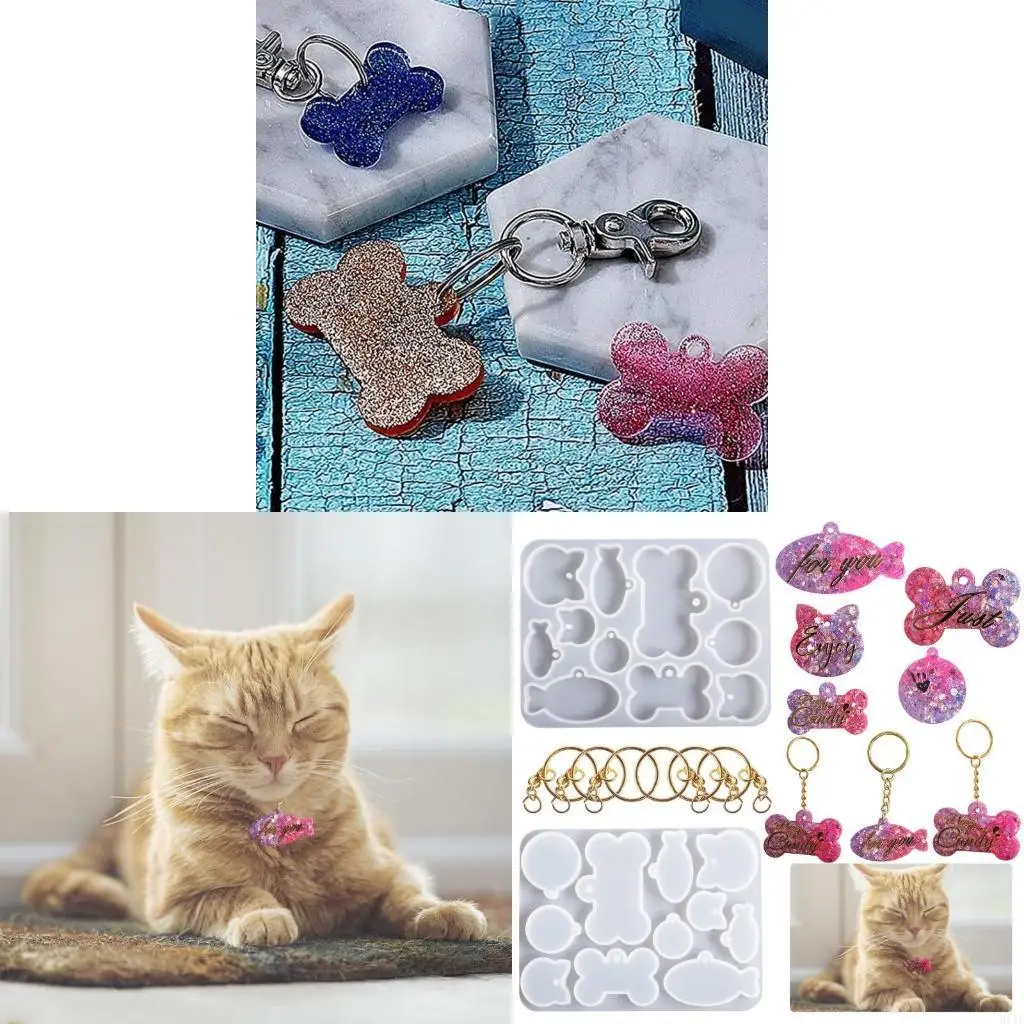 91AF Silicone Tag Mold Resin Pet Tag Pendant Molds for Resin Dog Bone Fish Shaped Epoxy Mold Keychain Charm Mold DIY Crafts