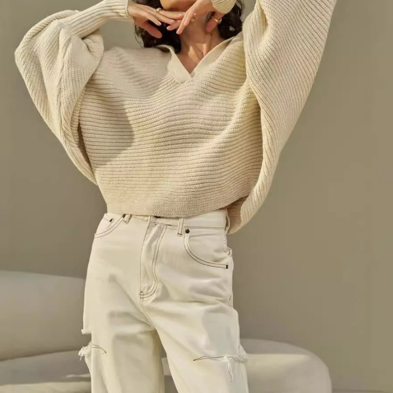 

2025 Autumn New Knitted Sweater Knitted Sweater Lapel Pullover Women's Top