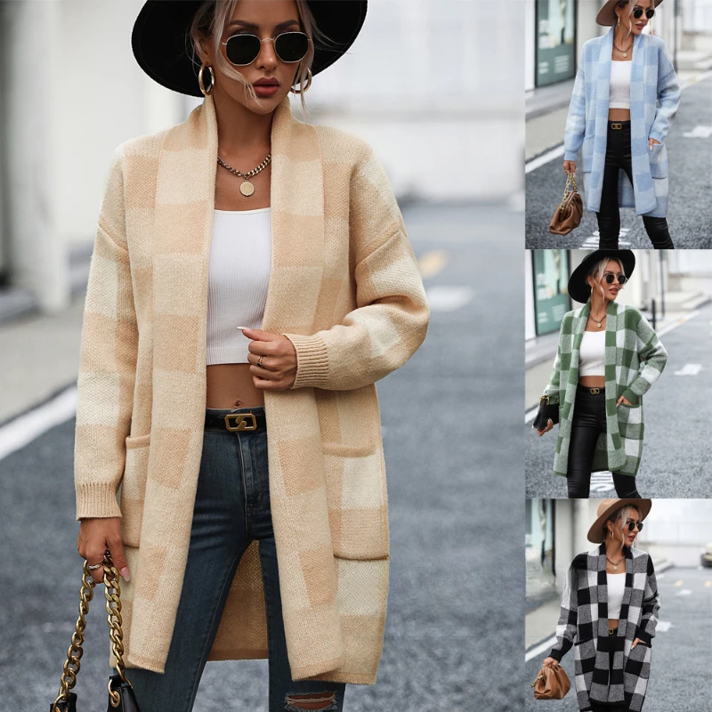 Checkered Color Blocking Trench Coat Women Loose Cardigan New Trend Clothing, Europe America Outdoor Clothes Higher Quality 2024