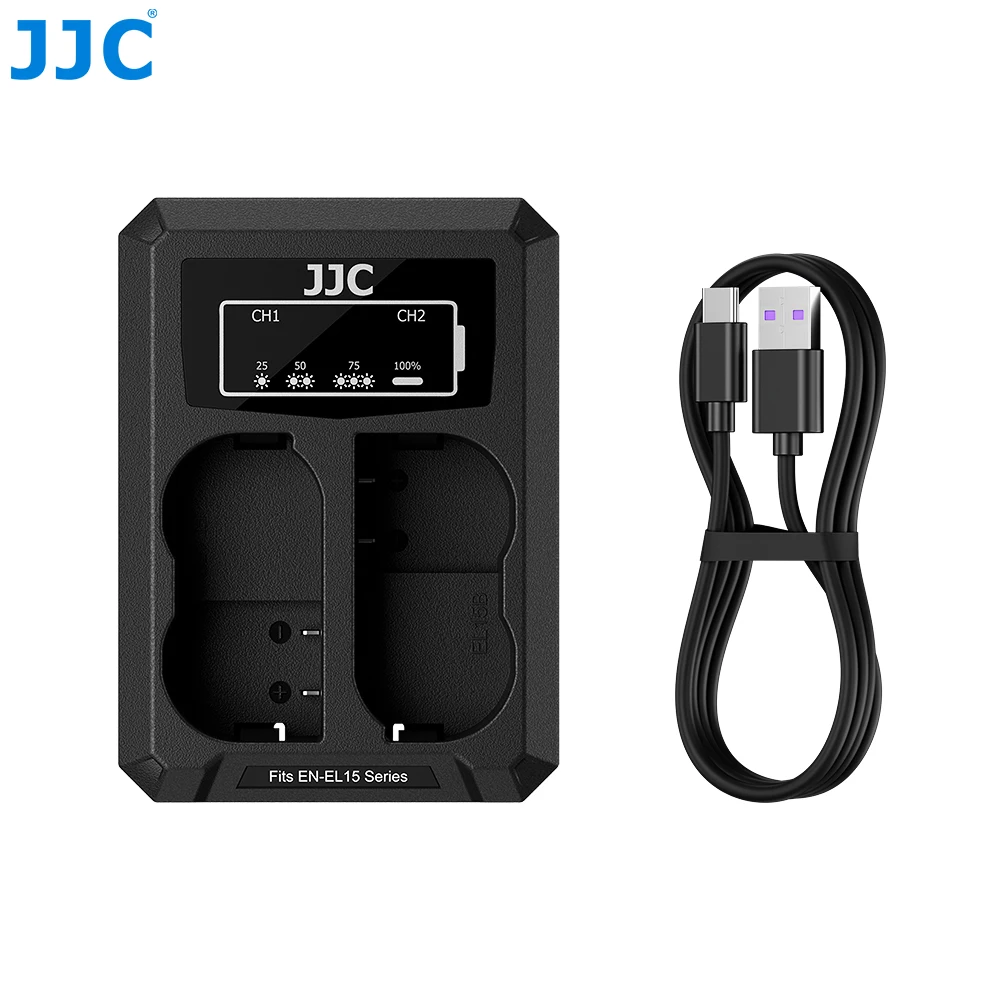 JJC Upgraded Dual Battery Charger USB-C For Nikon EN-EL15 EN-EL15a Z6 III Z6 II Z6 Z7 II Zf D850 D810 D750 D610 D600 D7500 D7200